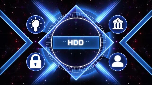 HDD acronym. Hard disk drive HDD. Modern business technology interface with gears and digital network icons, 4K animation background.