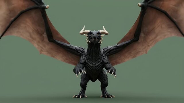 Majestic Black Horned Dragon with Brown Wings on Green Screen