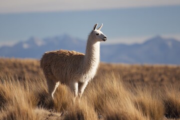 Fototapeta premium Isolated llama on a grassy hillside under a blue sky in natural daylight