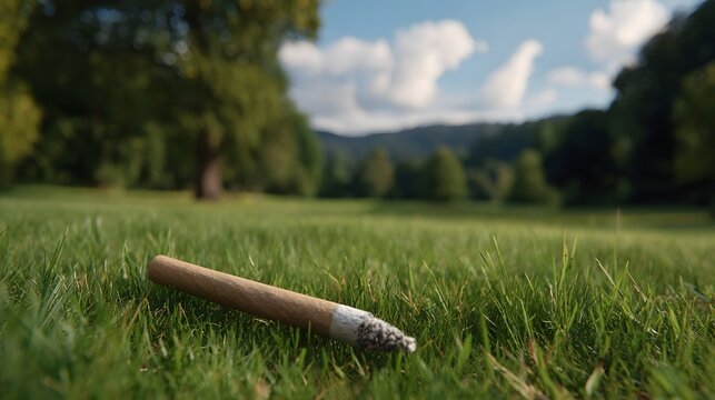 A cigar rests on lush green grass in a serene outdoor landscape with blurred trees and sky
