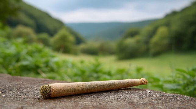 A hand rolled cannabis joint rests on a textured rock surface with a blurred green mountain landscape in the background