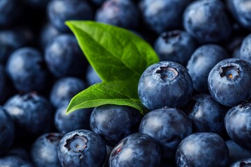 Fototapeta premium Fresh blueberries fill close view for background with a green leaf resting among the dark fruit on a soft surface