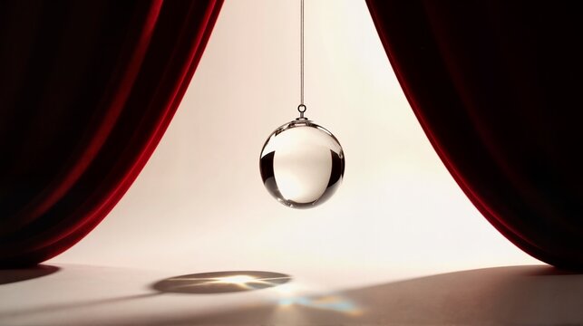 Clear glass sphere hanging between red velvet curtains. Crystal ball on stage with light refraction. Magic show and theater performance background
