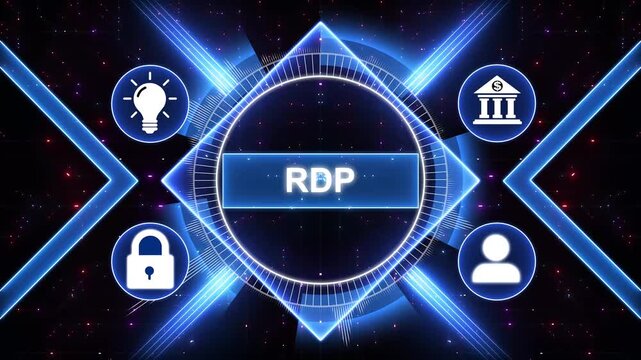 RDP - Remote desktop protocol. Networking internet technology concept. Modern business technology interface with gears and digital network icons, 4K animation background.