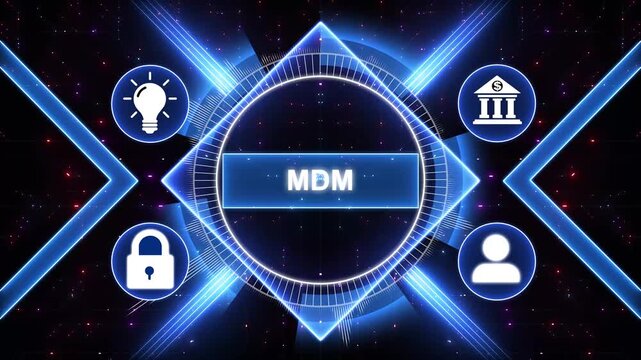 MDM Master Data Management Information Technology concept. MDM. Consistency, Accuracy, Integration, Governance, Standards, Hierarchy, Compliance. 4K animation background.