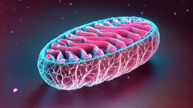 Video of Mitochondrion organelle glowing neon pink and blue with folded cristae structure producing cellular energy in futuristic microscopic biology visualization