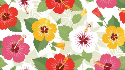 Vibrant hibiscus flowers and leaves pattern on white background