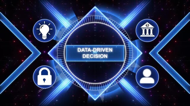 Data-Driven Decision Making: High-tech graphic with the words 'Data-Driven Decision' at the center, surrounded by relevant icons, 4K animation background.