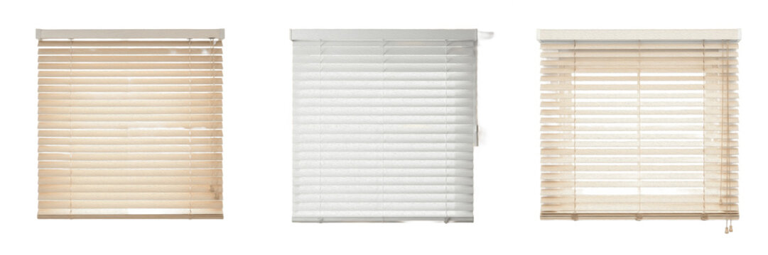 Set of horizontal window blinds in different colors and wooden textures isolated on white background.