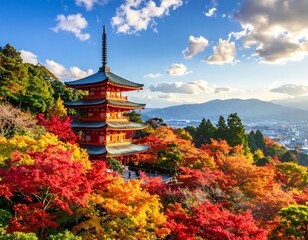 Fototapeta premium A serene Japanese pagoda surrounded by vibrant autumn foliage (3)