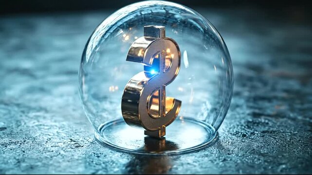 Golden dollar sign enclosed in a glass dome, set on a textured surface with dramatic lighting