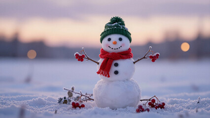 Obraz premium A cheerful snowman wearing a green hat and red scarf stands in the snow at sunset with soft focus background.