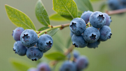 Fototapeta premium Close-up of ripe blueberries covered in water droplets on a green leafy branch with soft focus background.