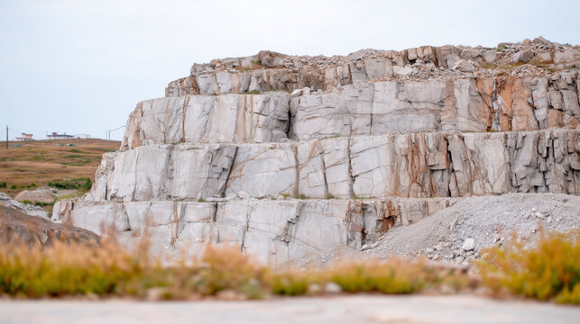 Quarry wall with mineral veins. Terraced limestone cliff showing geological layers. Industrial mining and construction material background.