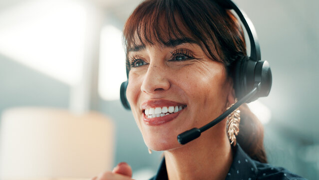 Happy woman, consultant or office with headset for online advice or virtual assistance. Female person, agent or friendly employee with mic for communication, discussion or conversation in call center
