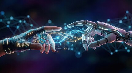Human hand and robot hands connection artificial intelligence concept. A human and robotic hand reaching out to connect symbolically.