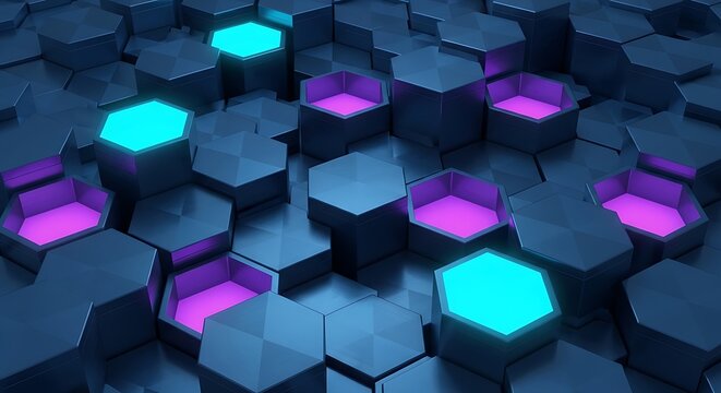 Abstract Hexagonal Grid with Glowing Neon Lights.