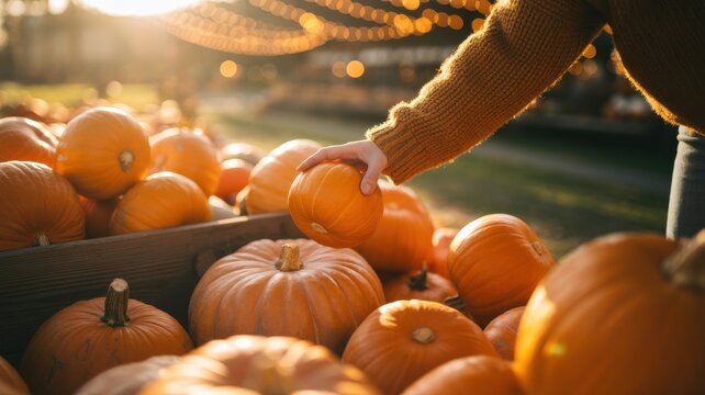 Hand picking orange pumpkin from crate at autumn pumpkin patch during sunset