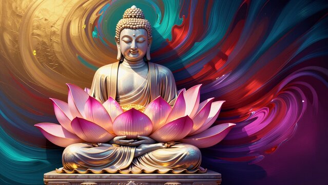 A serene Buddha statue sits cross-legged on a vibrant pink lotus flower against a swirling background of gold, red, and purple hues.