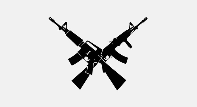 A pair of black assault rifles on a white background