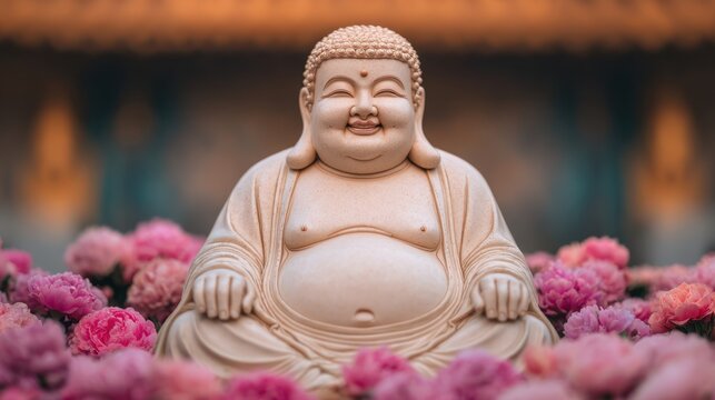 Smiling Laughing Buddha Statue Sitting Peacefully Among Pink Flowers In Temple Garden Celebrating World Laughter Day Serene Spiritual Harmony Scene