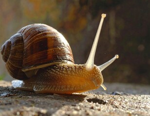 A close-up of a snail with a brown shell and slimy foot