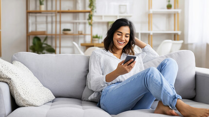 Fototapeta premium Young woman comfortably sitting on a couch, laughing and enjoying mobile communication or social media on her phone at home