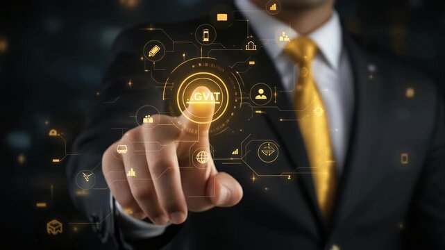 Businessman in suit touching digital interface with futuristic technology and finance icons in golden glow