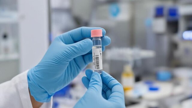 Close up of scientist holding medical vial with blue gloves in laboratory setting for healthcare research