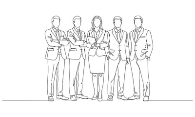 Obraz premium Continuous line illustration of a confident business team standing together. One line drawing of professional teamwork, leadership, unity, and corporate collaboration concept