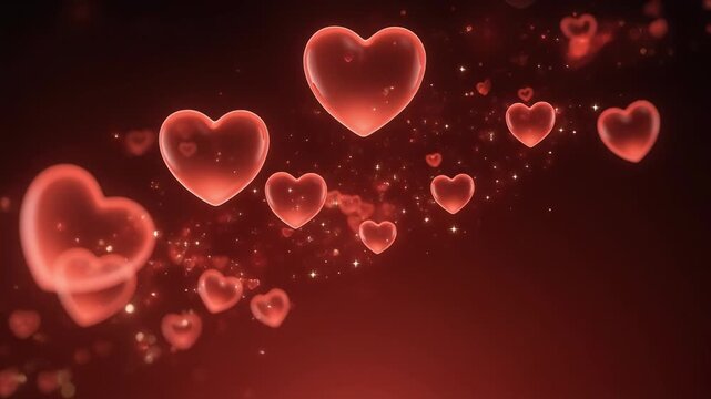 Romantic glowing red hearts floating with sparkles on dark background for love and Valentine's Day