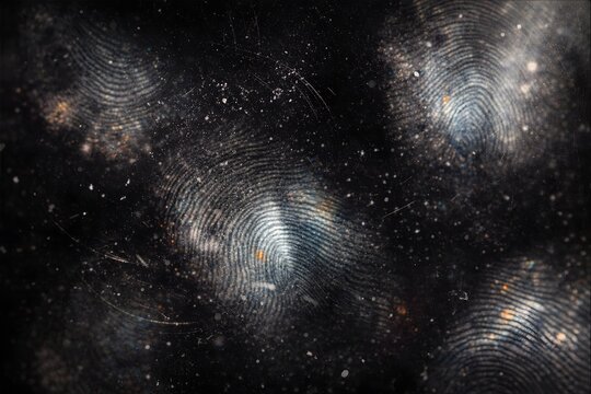 Dusty fingerprint patterns on dark textured surface with dramatic lighting, forensic and investigative concept background for crime, security, and mystery themed designs.
