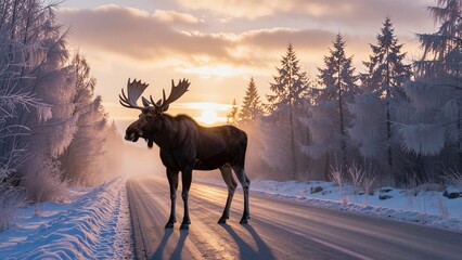 Naklejka premium A majestic moose stands on a snow-covered road as it emerges from a frosty forest during golden hour.