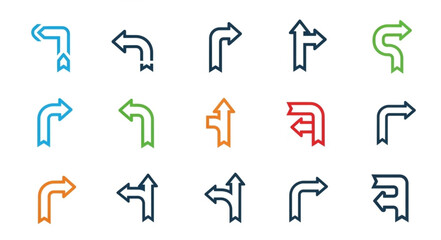 Collection of Directional Arrow Icons for Navigation and Wayfinding.