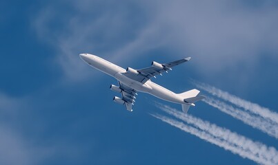 Obraz premium airplane ascending into blue sky side profile with razor-sharp wing detail ultra-crisp white contrails sharply defined clean gradient background