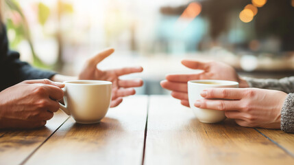 Two people holding coffee cups, hands gesturing while talking at a wooden table, communicating in a cafe setting