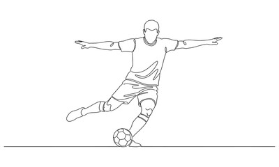 Continuous Line Drawing of Soccer Player Kicking Ball. Soccer sport and team game concept. Continuous line draw design vector illustration