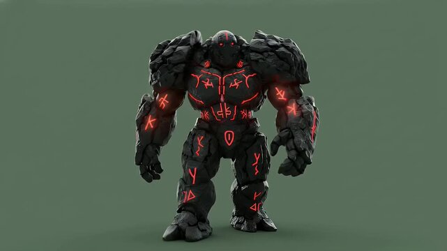Imposing Black Rock Golem Monster with Glowing Red Runes on Green Screen Alpha Channel VFX