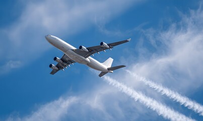 Obraz premium airplane ascending into blue sky side profile with razor-sharp wing detail ultra-crisp white contrails sharply defined clean gradient background