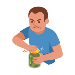 Man struggles to open a stubborn jar with a frustrated expression on his face.