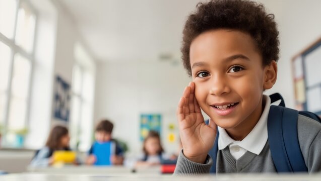 Happy young Black student whispering secret in classroom. Cute African American boy listening to gossip at school. Education and communication