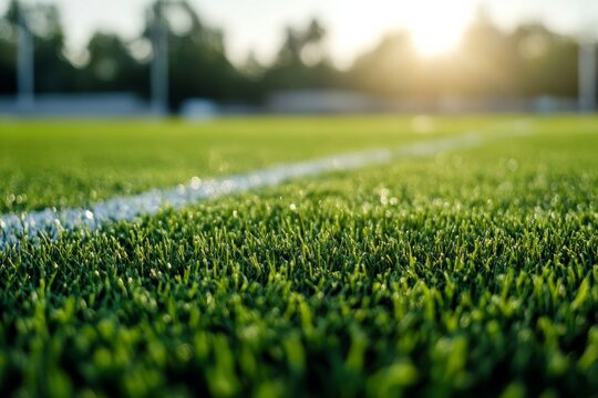 Close up of green grass on football field with sunlight shining in background during evening hours