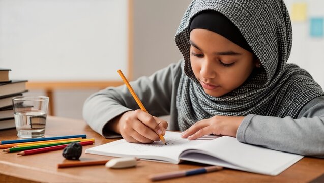 Young Muslim girl in hijab drawing with pencil in sketchbook at desk. Creative art class and education.