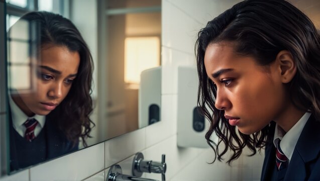 Sad schoolgirl looking in bathroom mirror. Upset student in uniform dealing with depression or bullying. Mental health awareness