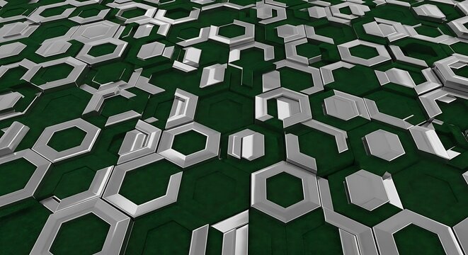 Abstract Hexagonal Pattern Background with Metallic Silver and Green Tones.