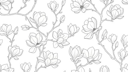 A detailed illustration of blooming magnolia flowers and leaves on branches © Stock Image Paradise