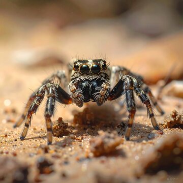 A close-up of a spider standing on dirt with a blurred background