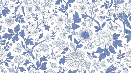 Blue floral pattern with various flowers and leaves on white background