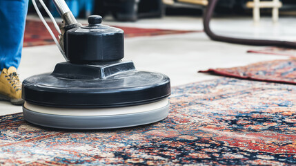 Fototapeta premium Professional cleaner using a rotary machine for deep scrubbing an old oriental rug, restoring it to freshness