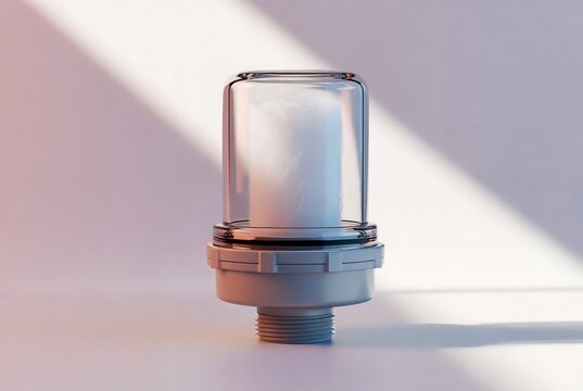 A clear glass bubbler is illuminated on a white surface with light casting shadows.